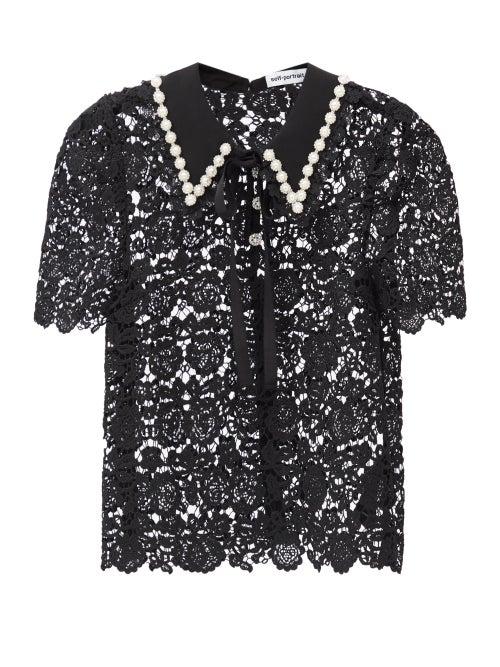 Self-portrait - Embellished-collar Guipure-lace Top - Womens - Black