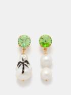 Joolz By Martha Calvo - Crystal & Pearl Mismatched Gold-plated Earrings - Womens - Green Multi