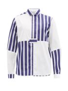 Matchesfashion.com Sbline - Patchworked Striped Cotton-poplin Shirt - Mens - White Navy