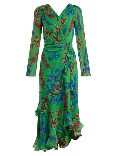 Matchesfashion.com Etro - Floral Print V Neck Silk Dress - Womens - Green Print