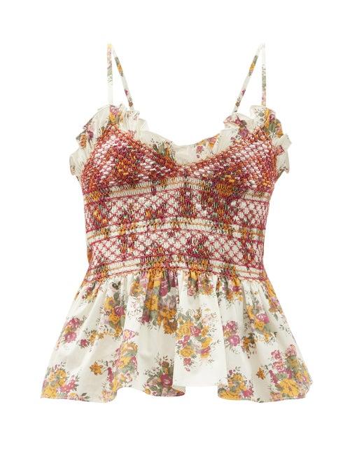 Loretta Caponi - Vera Shirred Floral-print Cotton Top - Womens - White Print