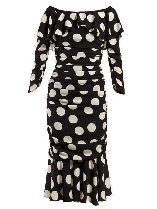 Matchesfashion.com Dolce & Gabbana - Polka Dot Print Off The Shoulder Ruched Midi Dress - Womens - Black White