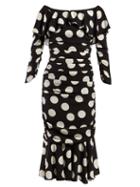 Matchesfashion.com Dolce & Gabbana - Polka Dot Print Off The Shoulder Ruched Midi Dress - Womens - Black White