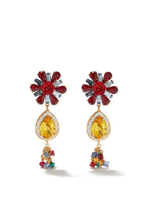 Ladies Jewellery Dolce & Gabbana - Rose And Crystal Drop Clip Earrings - Womens - Multi
