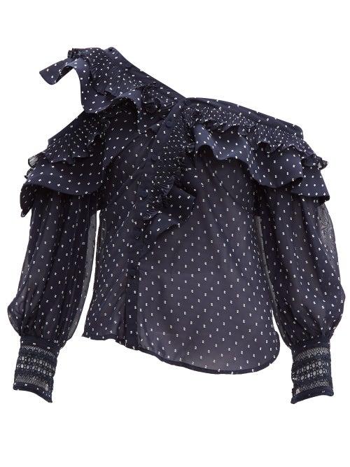 Matchesfashion.com Self-portrait - Ruffled Off The Shoulder Dobby Blouse - Womens - Navy