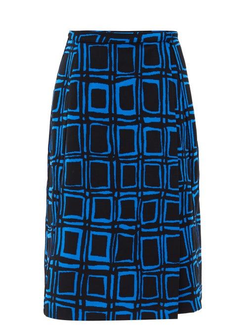 Matchesfashion.com Marni - Cubic-print Cotton-blend Midi Skirt - Womens - Blue Multi