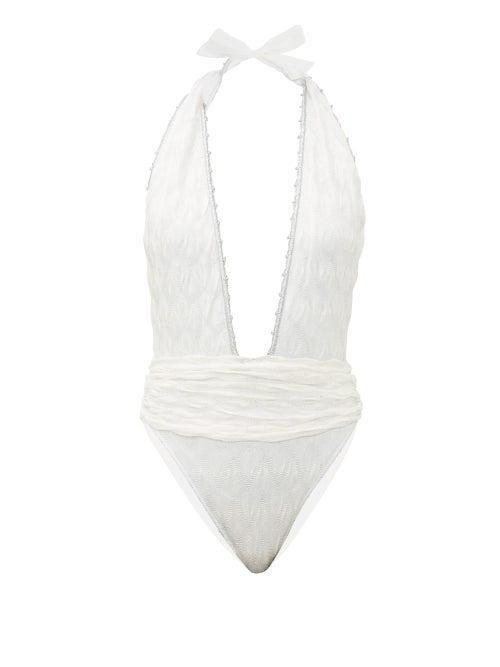 Matchesfashion.com Missoni Mare - Belted Plunge Halterneck Knitted Swimsuit - Womens - White