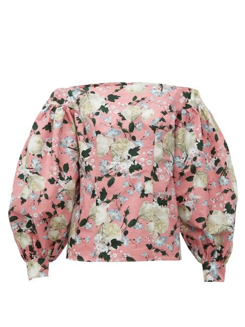 Matchesfashion.com Erdem - Dayla Off The Shoulder Floral Print Cotton Blouse - Womens - Pink Print