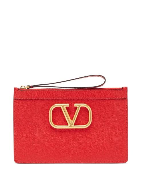 Matchesfashion.com Valentino Garavani - V-logo Medium Grained-leather Pouch - Womens - Red