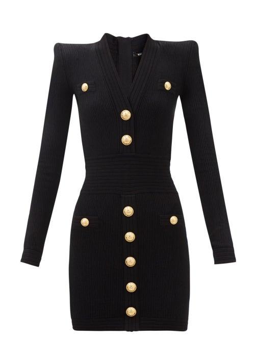 Balmain - Padded-shoulder Ribbed-knit Mini Dress - Womens - Black