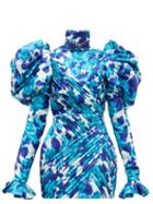 Matchesfashion.com Richard Quinn - Puff Shoulder Floral Print Pleated Mini Dress - Womens - Blue Multi