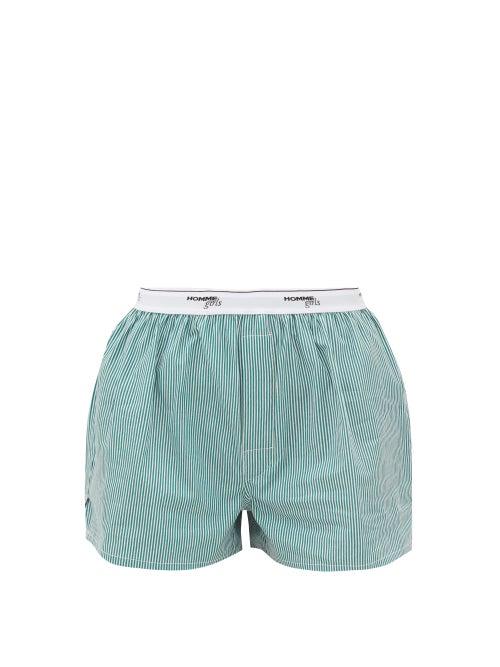 Hommegirls - Logo-waistband Striped-cotton Pyjama Shorts - Womens - Green Stripe