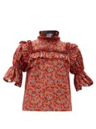 Matchesfashion.com Horror Vacui - Lucy Scalloped Floral-print Cotton Blouse - Womens - Red
