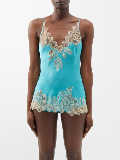 Carine Gilson - V-neck Lace-trim Silk-satin Cami Top - Womens - Turquoise Gold