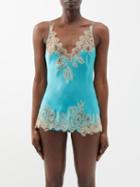 Carine Gilson - V-neck Lace-trim Silk-satin Cami Top - Womens - Turquoise Gold