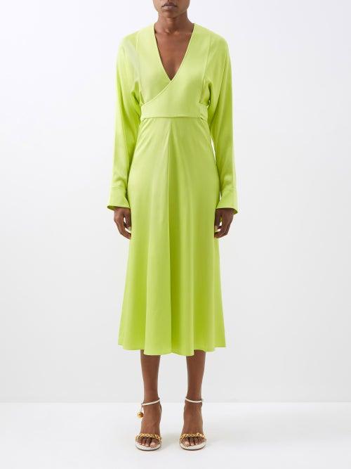Victoria Beckham - Cufflinked Crepe Wrap Dress - Womens - Bright Green
