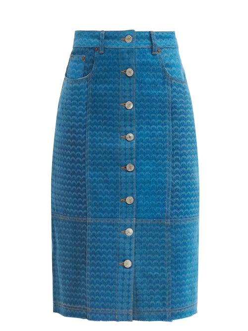 Ladies Rtw Marine Serre - Moonfish Skin-print Denim Midi Skirt - Womens - Denim