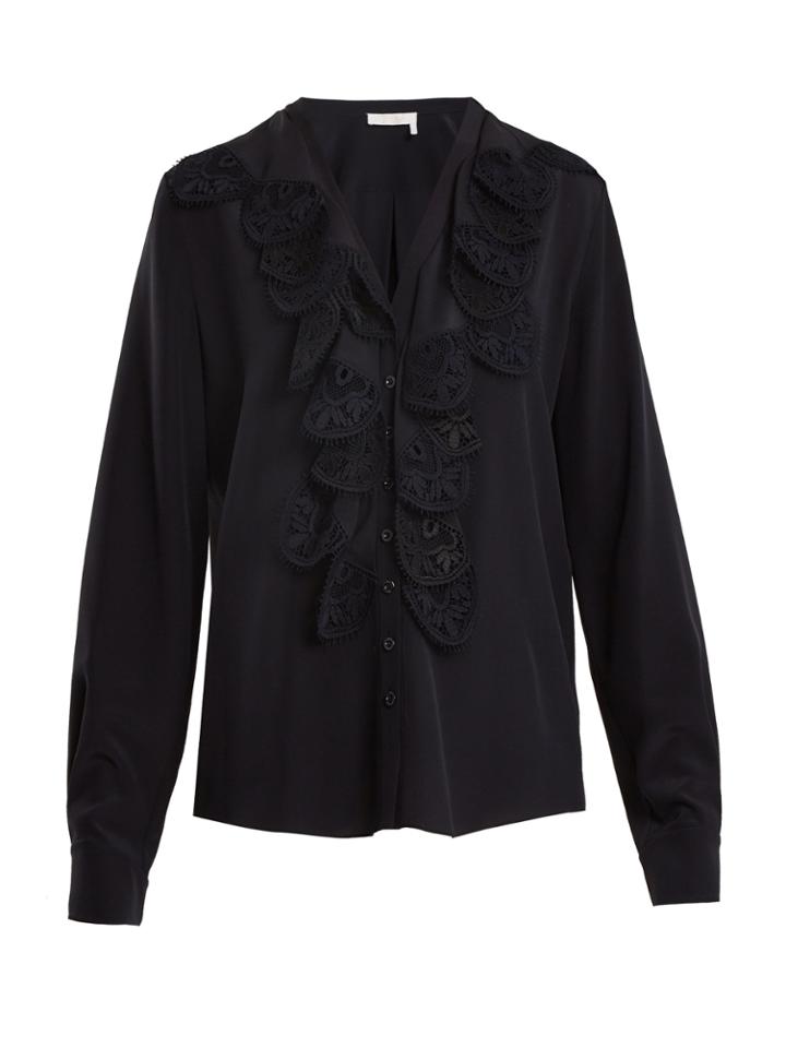 Chloé Lace-trimmed V-neck Silk-crepe Blouse
