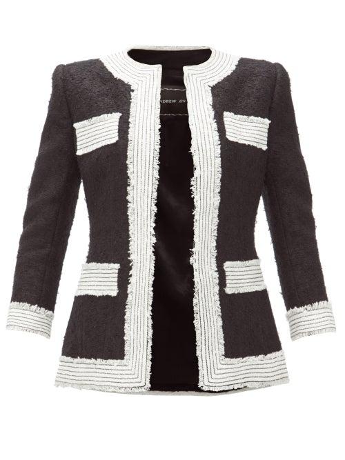 Matchesfashion.com Andrew Gn - Collarless Embroidered-trim Boucl Blazer - Womens - Black White
