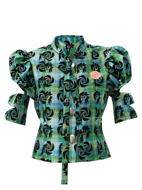 Chopova Lowena - Rad Puff-sleeve Flocked Check-taffeta Blouse - Womens - Green Multi