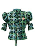 Chopova Lowena - Rad Puff-sleeve Flocked Check-taffeta Blouse - Womens - Green Multi