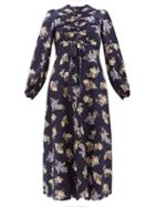 Matchesfashion.com Zimmermann - Sabotage Ruched Floral Print Silk Blend Midi Dress - Womens - Navy Print