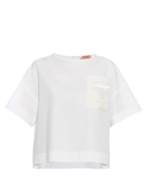 No. 21 Embellished-pocket Cotton-poplin Top