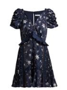 Matchesfashion.com Self-portrait - Ruffled Star Print Satin Mini Dress - Womens - Navy