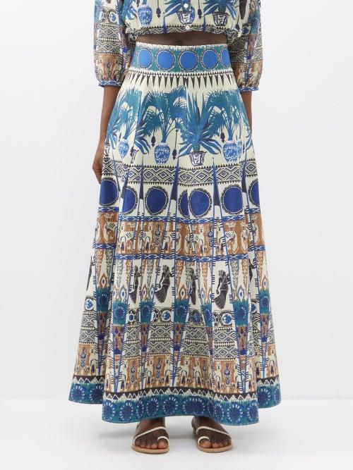 Emporio Sirenuse - Emily Dancer-print Cotton-drill Skirt - Womens - Blue Multi