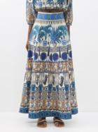Emporio Sirenuse - Emily Dancer-print Cotton-drill Skirt - Womens - Blue Multi