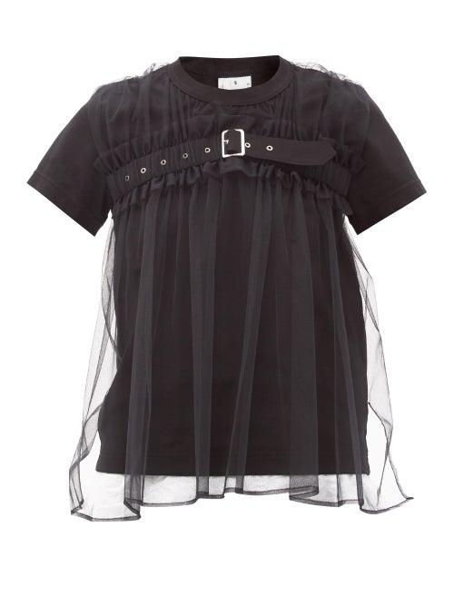 Matchesfashion.com Noir Kei Ninomiya - Strapped Tulle-panel Cotton-jersey T-shirt - Womens - Black