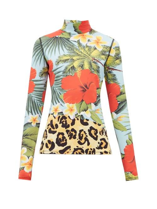 Matchesfashion.com 0 Moncler Genius Richard Quinn - Leopard And Hibiscus Print High Neck Top - Womens - Blue Multi