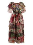 Matchesfashion.com Dolce & Gabbana - Floral Print Tie Waist Ruffled Gown - Womens - Black Multi