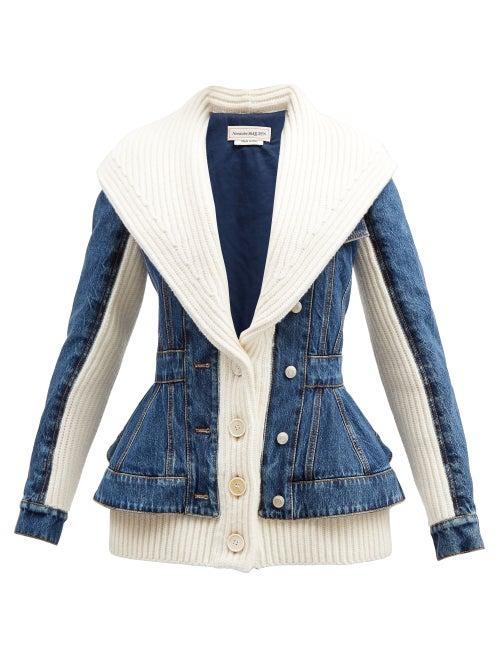 Alexander Mcqueen - Peplum-hem Denim And Ribbed-knit Jacket - Womens - Denim