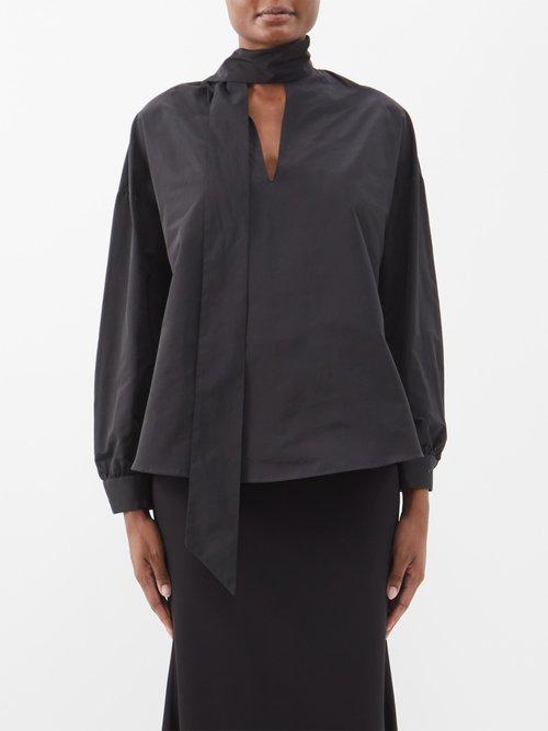 Valentino - Scarf-neck Cotton-blend Micro-faille Blouse - Womens - Black