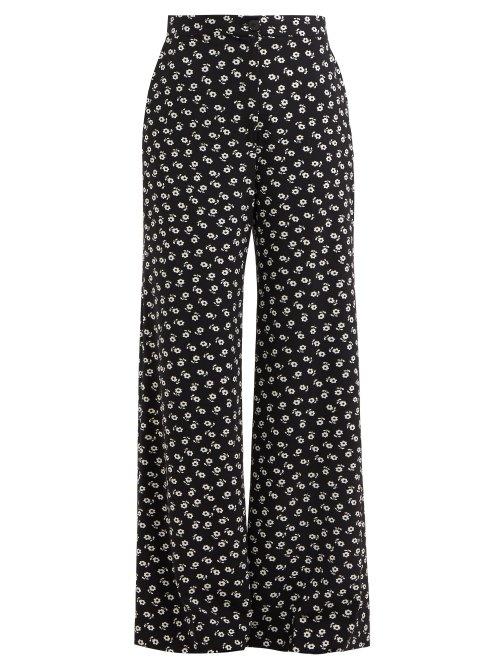 Matchesfashion.com Alexachung - Floral Print Wide Leg Crepe Trousers - Womens - Black White