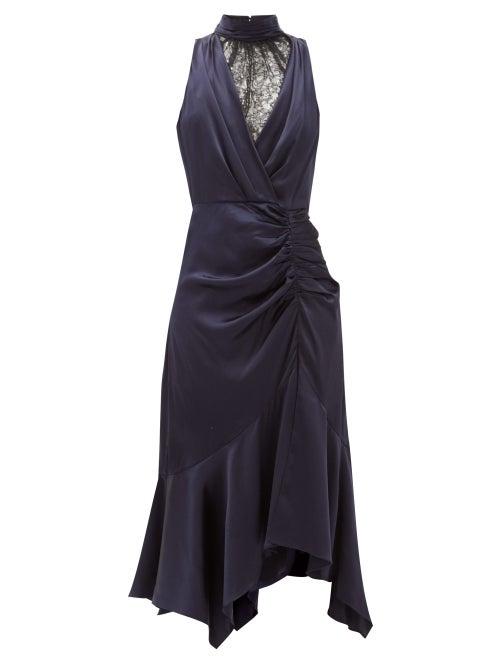 Matchesfashion.com Jonathan Simkhai - Ruched Chantilly-lace And Silk-charmeuse Dress - Womens - Navy Multi