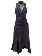 Matchesfashion.com Jonathan Simkhai - Ruched Chantilly-lace And Silk-charmeuse Dress - Womens - Navy Multi