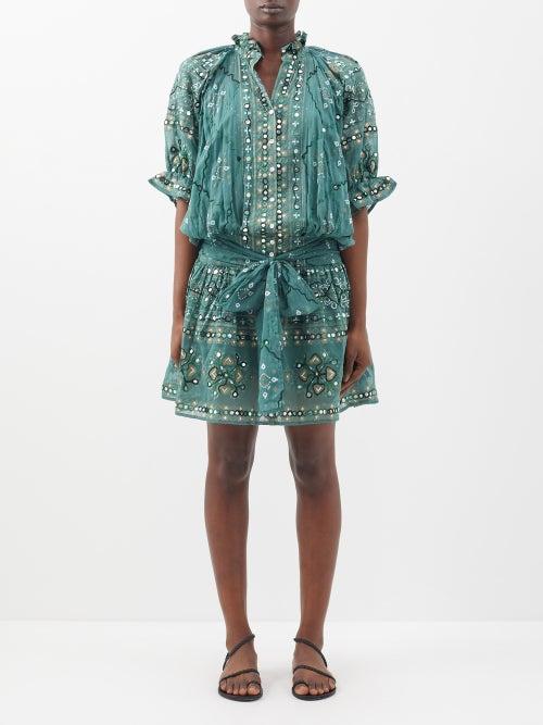 Juliet Dunn - Mirrored Mosaic-print Cotton Mini Shirt Dress - Womens - Dark Green