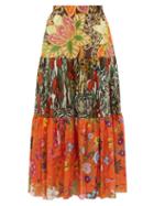 Matchesfashion.com Gucci - New India Printed Tiered Cotton Poplin Midi Skirt - Womens - Brown Multi