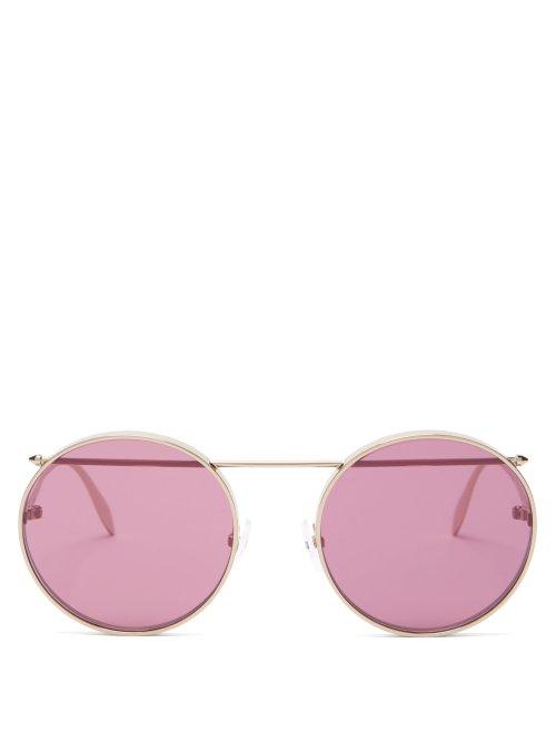 Matchesfashion.com Alexander Mcqueen - Metal Piercing Bar Round Sunglasses - Womens - Dark Pink
