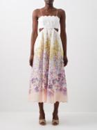 Zimmermann - Jude Scalloped Linen Midi Dress - Womens - White Multi