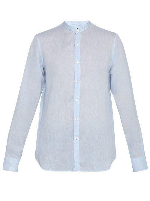 Matchesfashion.com Giorgio Armani - Slubbed Linen Poplin Band Collar Shirt - Mens - Light Blue
