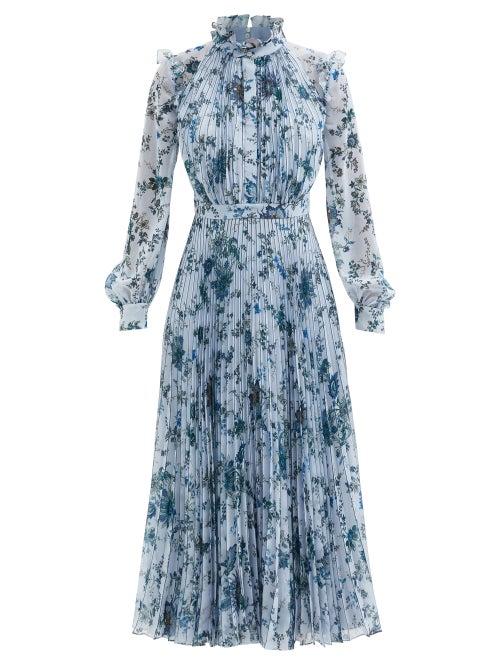 Erdem - Narella Hogarth-print Pleated-chiffon Dress - Womens - Blue