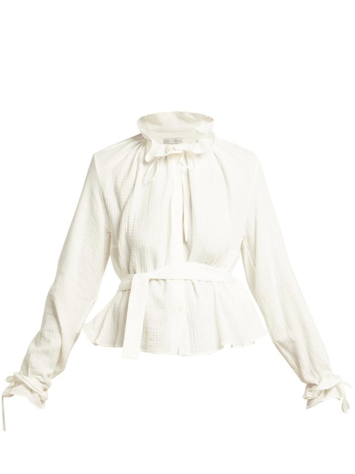 Palmer/harding Shadey Ruffled-neck Belted Cotton-muslin Blouse