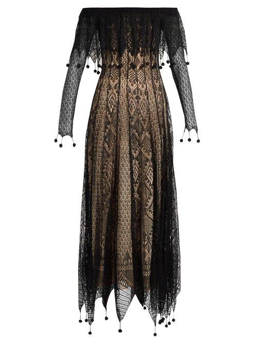 Matchesfashion.com Alexander Mcqueen - Off The Shoulder Pompom Embellished Lace Dress - Womens - Black