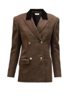 Matchesfashion.com Saint Laurent - Velvet-lapel Tweed Double-breasted Jacket - Womens - Brown Multi