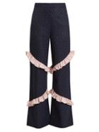 Matchesfashion.com Huishan Zhang - Elisa High Rise Ruffle Trimmed Trousers - Womens - Blue Multi