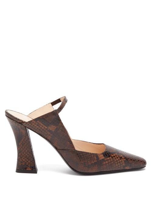 Matchesfashion.com Staud - Melanie Curved Heel Snake Effect Leather Mules - Womens - Dark Brown