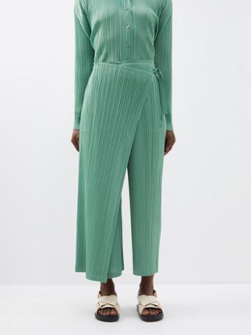 Pleats Please Issey Miyake - Wrap-front Technical-pleated Straight-leg Trousers - Womens - Green